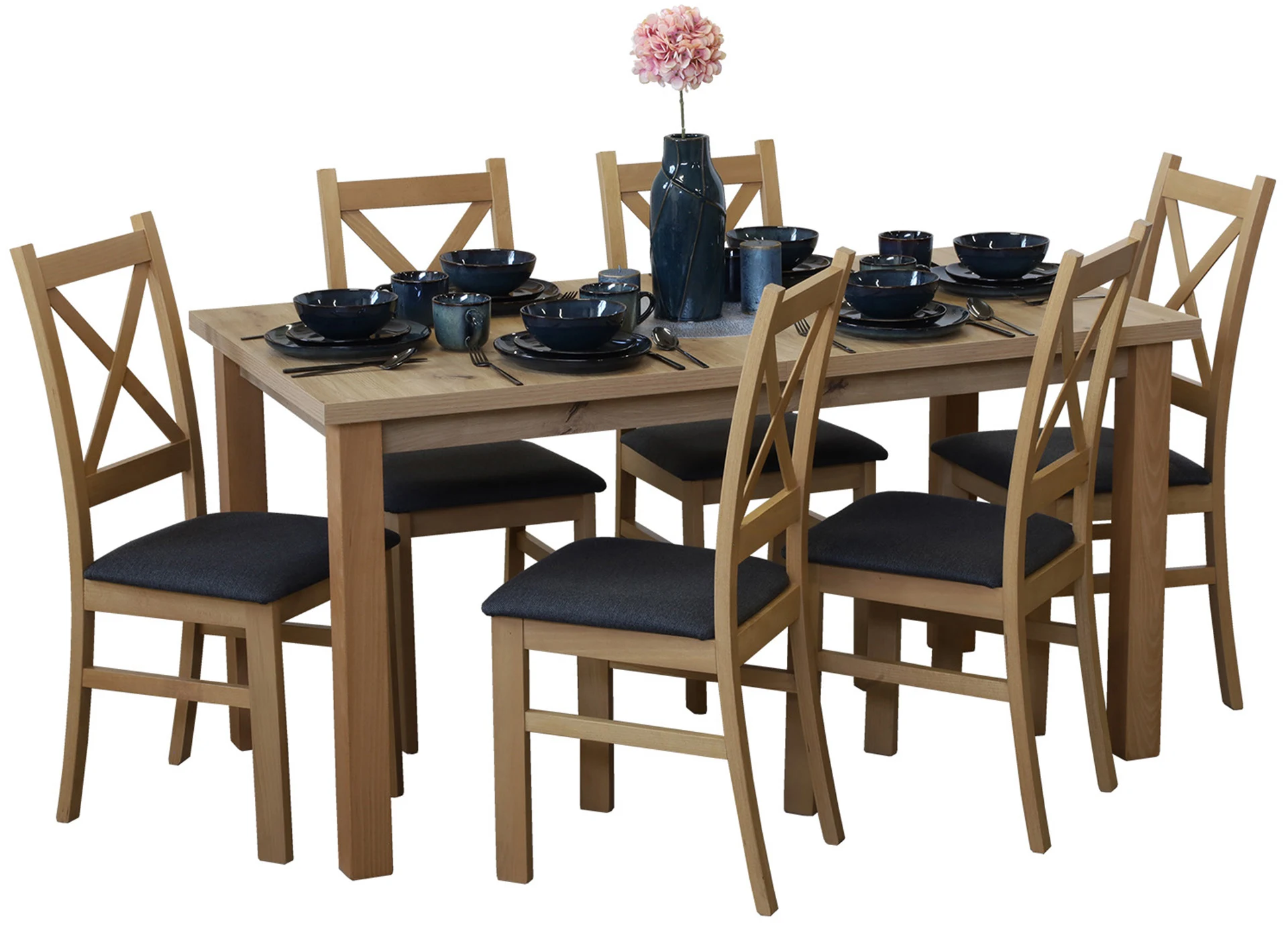 Rozkládací set stolu 150/190x80 se 6 židlemi M012-6 dub Artisan