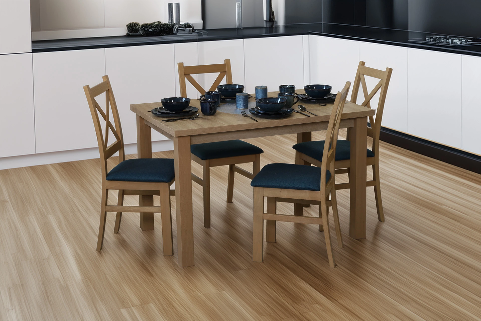 Rozkládací set stolu 150/190x80 se 4 židlemi M015-4 dub Artisan