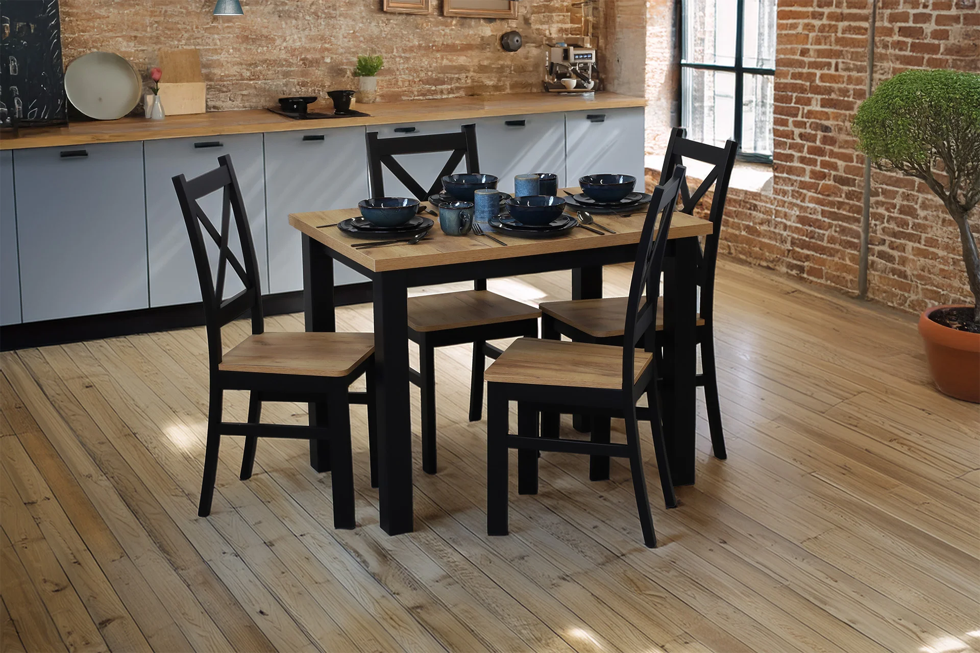 Set stolu 100x70 se 4 židlemi M019-4 černá/dub Craft