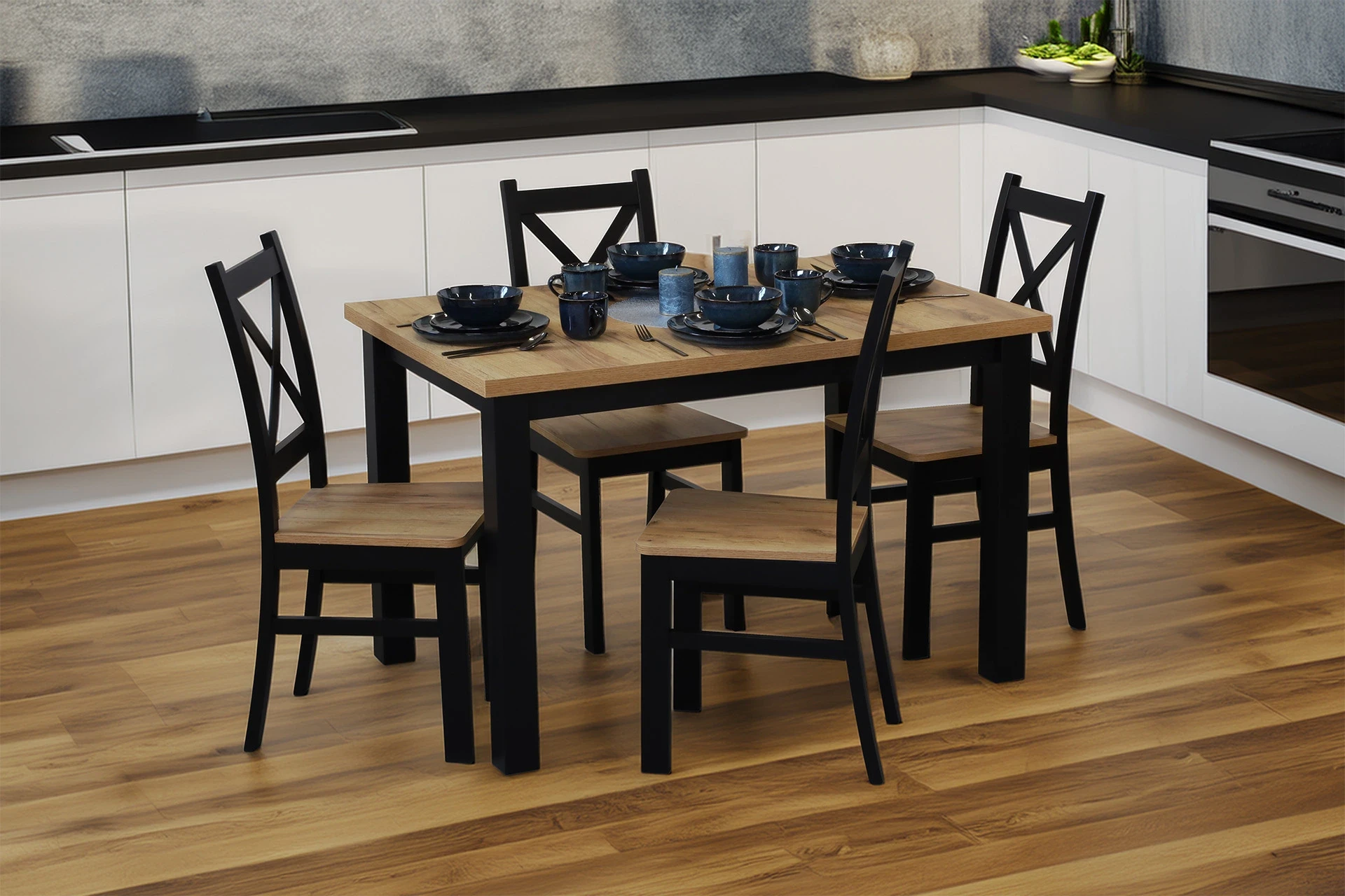 Set rozkládacího stolu 150/190x80 se 4 židlemi M021-4 černá/dub Craft