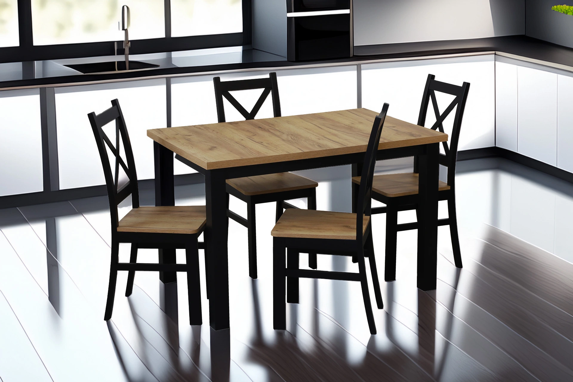 Set rozkládacího stolu 150/190x80 se 4 židlemi M021-4 černá/dub Craft